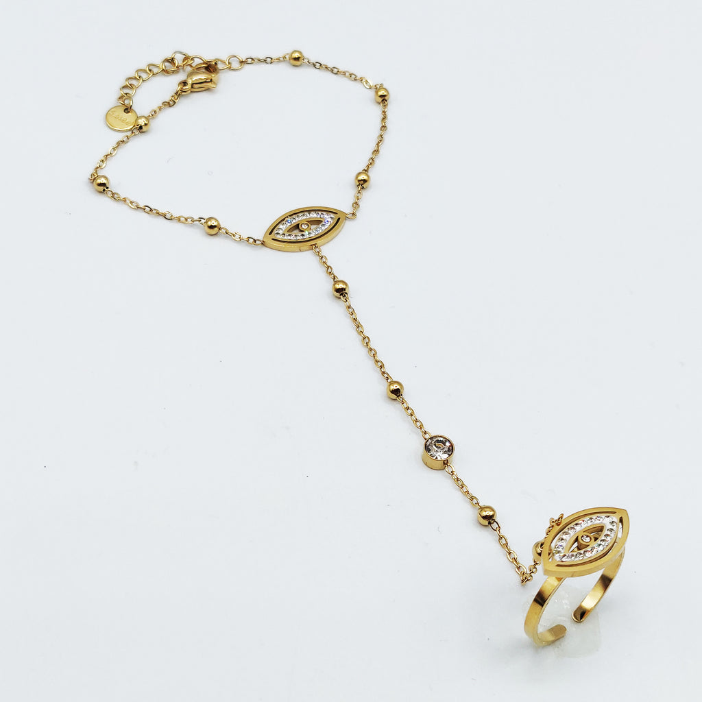 Bracelet / Chaîne de Main avec Bague Oeil Cristaux Luxe