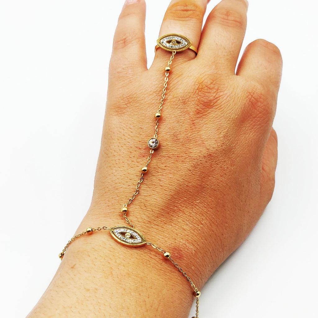 Bracelet / Chaîne de Main avec Bague Oeil Cristaux Luxe