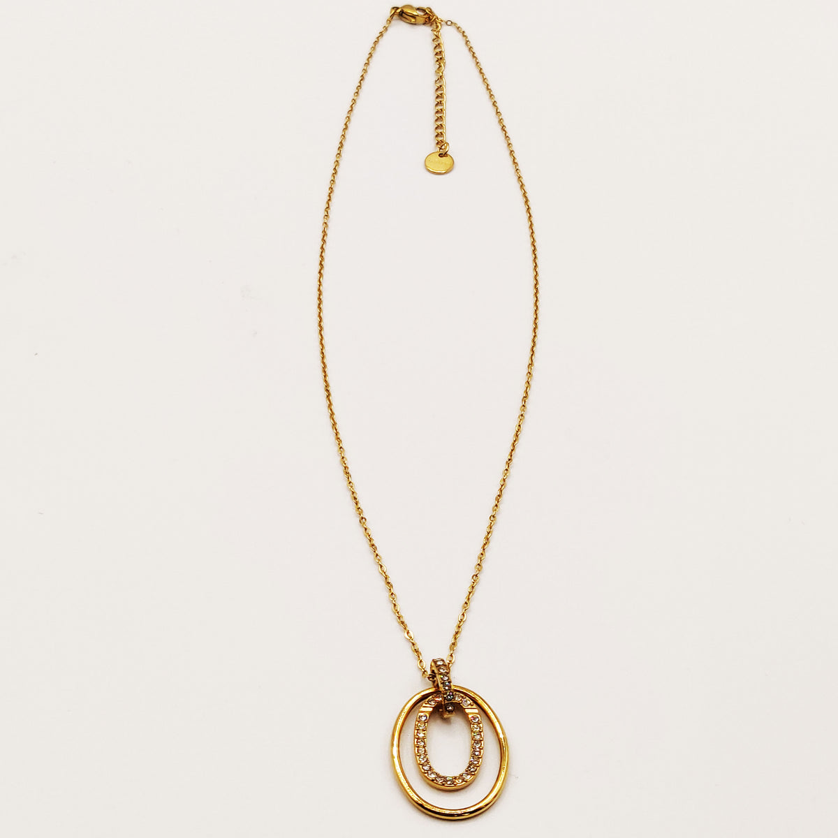 Collier Pendentif Double Ovales Doré et Cristaux Luxe