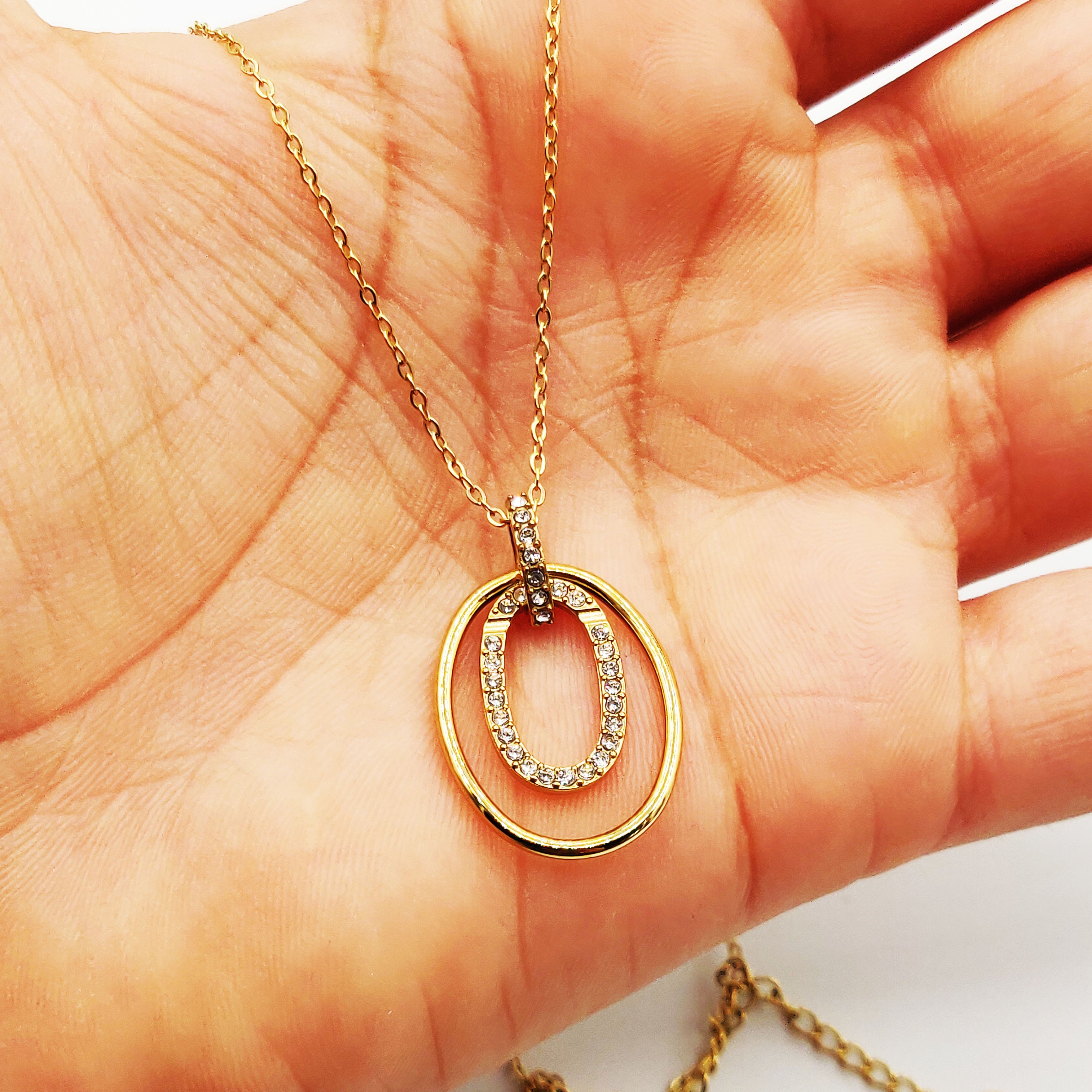 Collier Pendentif Double Ovales Doré et Cristaux Luxe