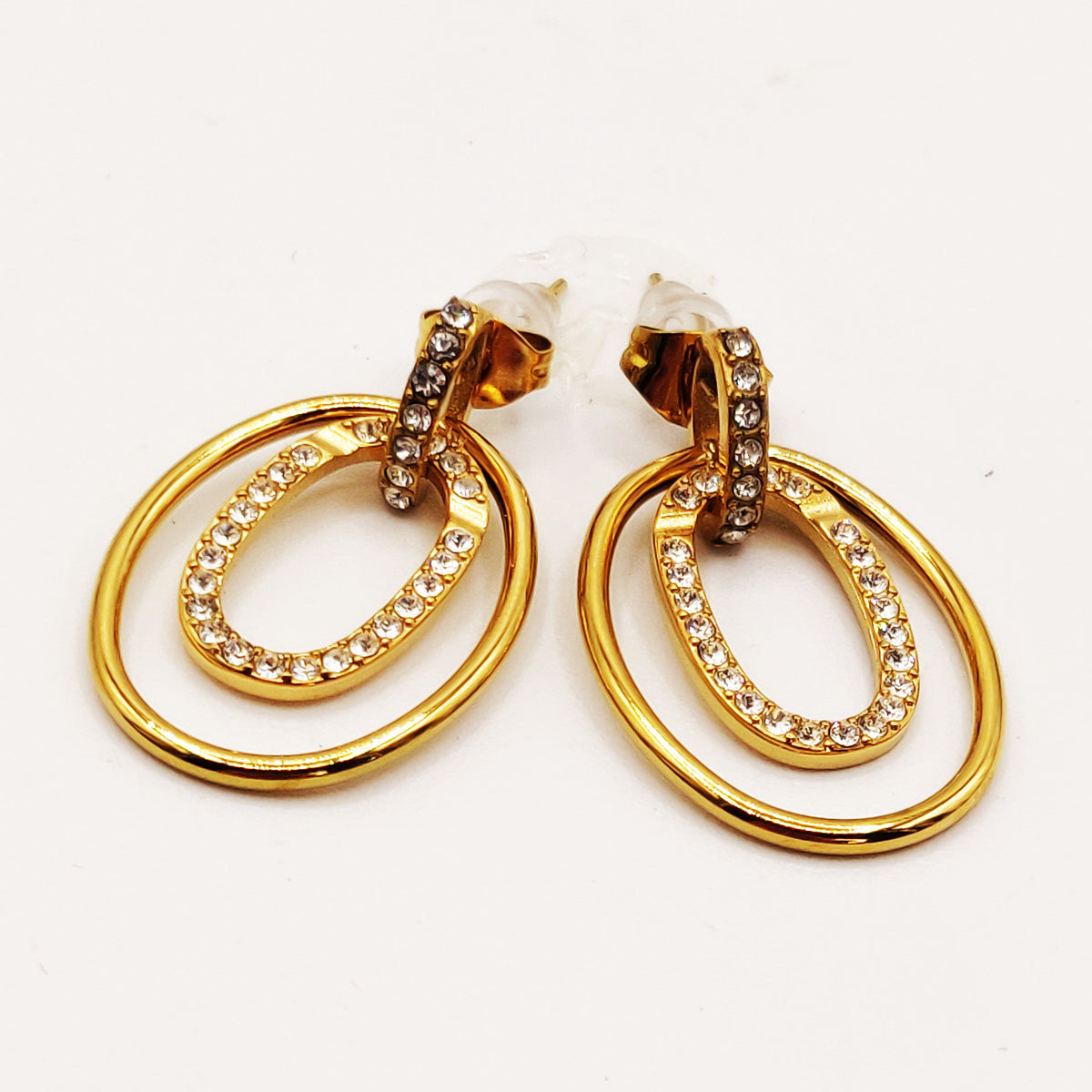 Boucles d'oreilles Pendentif Double Ovales Doré et Cristaux Luxe