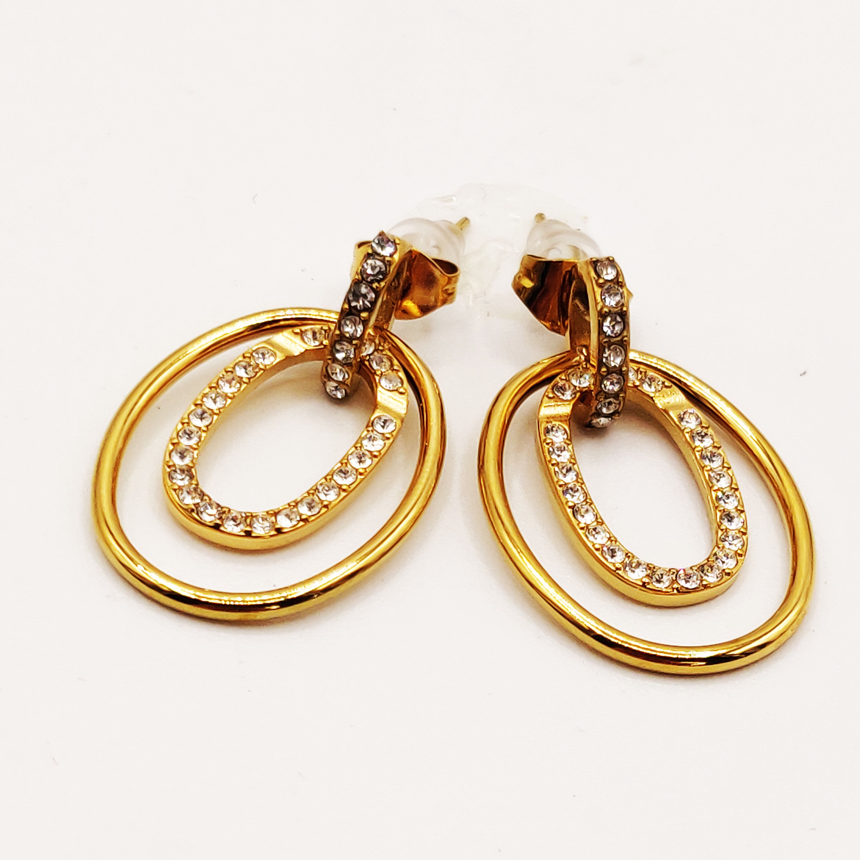 Boucles d'oreilles Pendentif Double Ovales Doré et Cristaux Luxe
