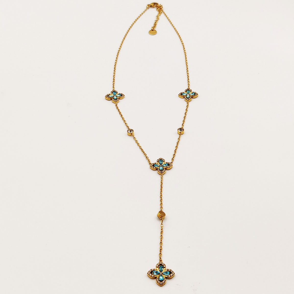Collier Trèfles Bleus Pointus Tour Cristaux Luxe Descendant