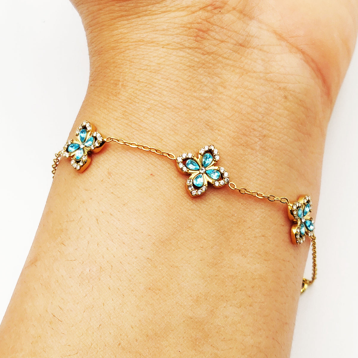 Bracelet Trèfles Bleus Pointus Tour Cristaux Luxe