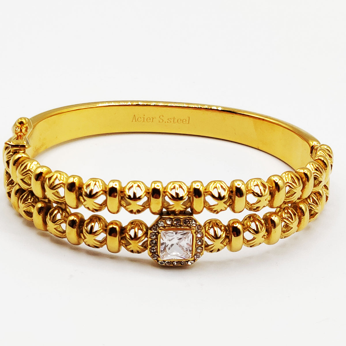 Bracelet Rigide Double Lignes Multi Boules Orientales et Cristal Carré Luxe