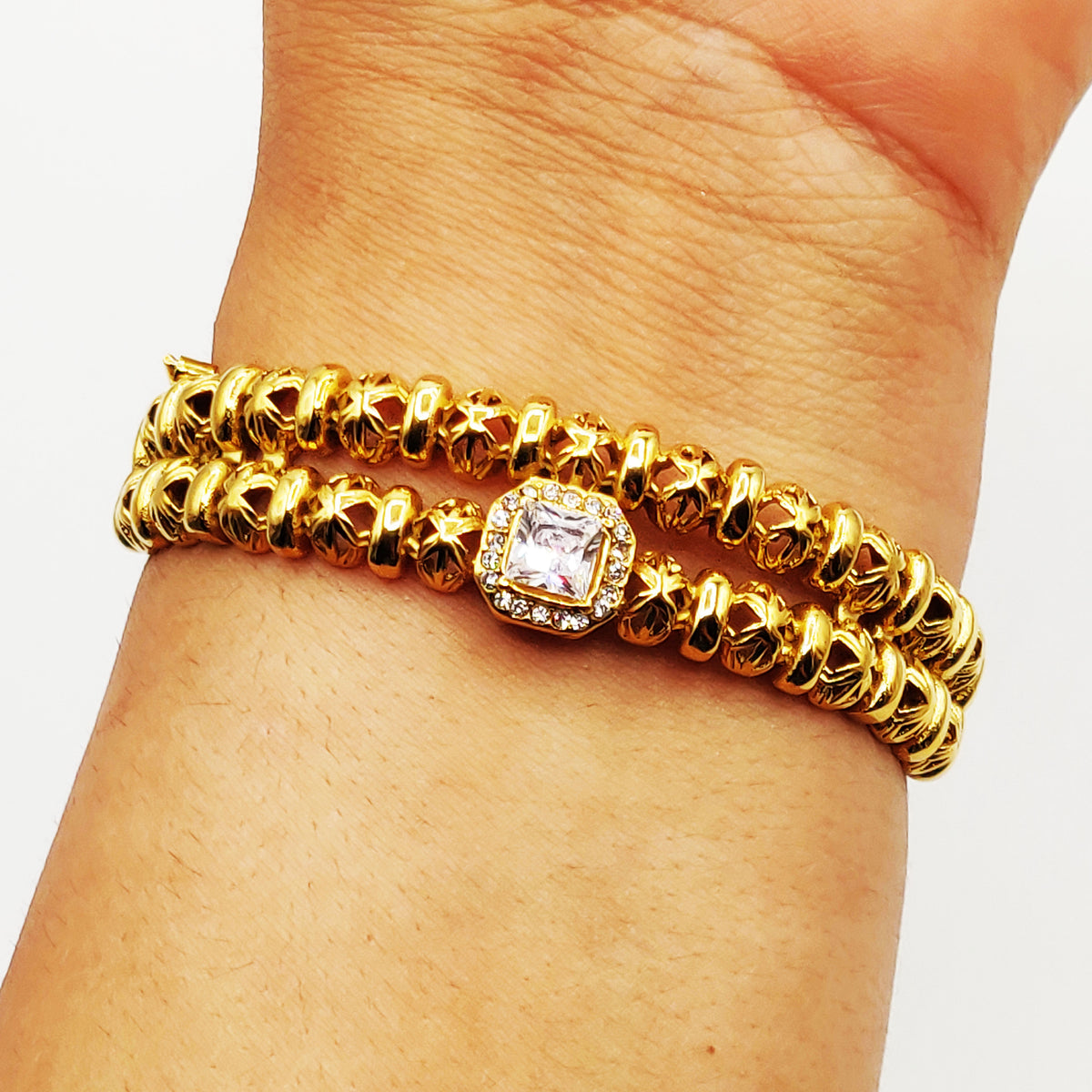 Bracelet Rigide Double Lignes Multi Boules Orientales et Cristal Carré Luxe