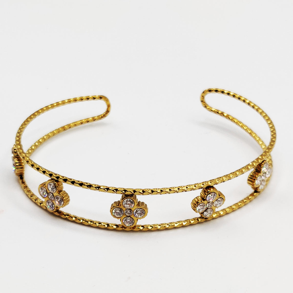 Bracelet Rigide Double Lignes Trèfles 4 Cristaux Luxe