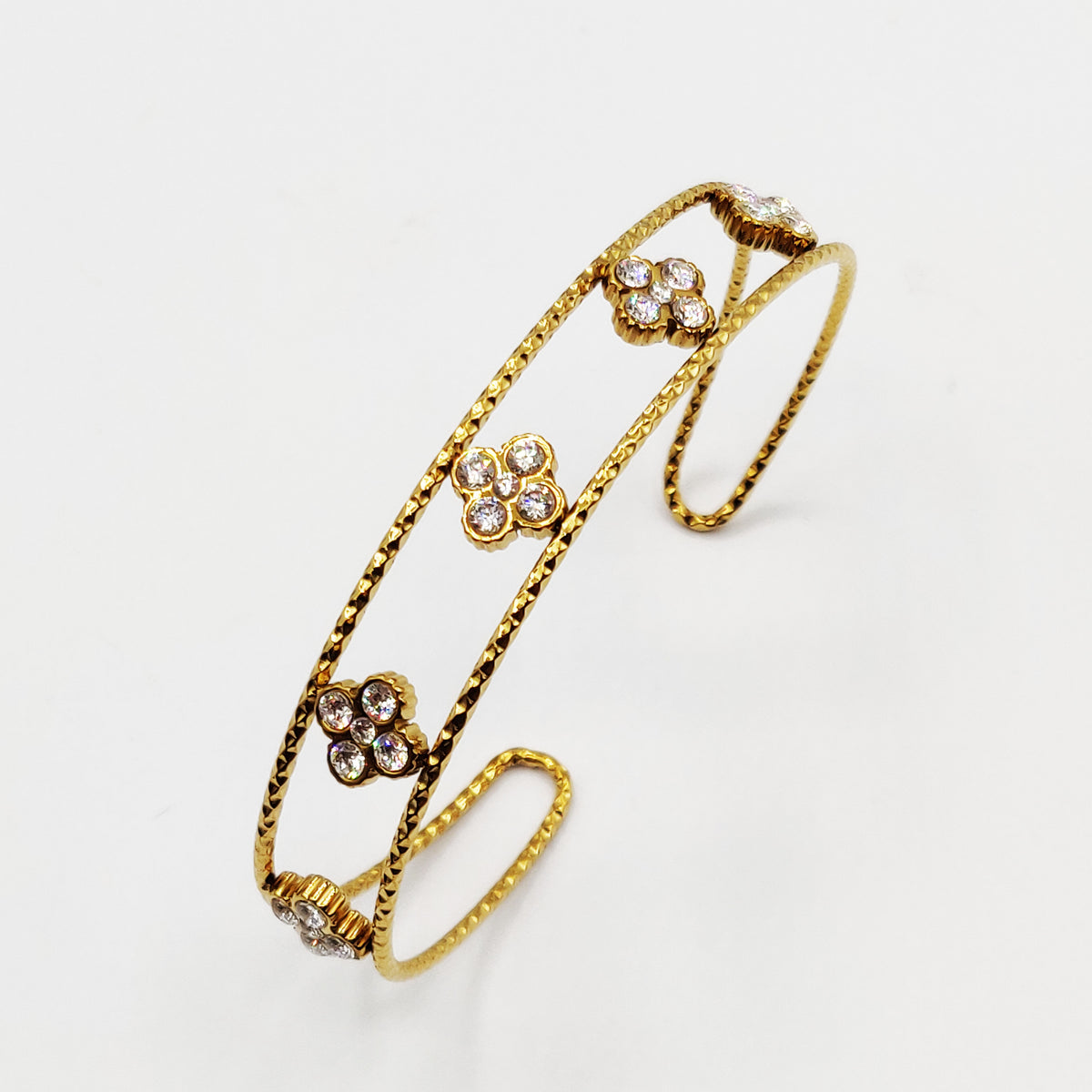 Bracelet Rigide Double Lignes Trèfles 4 Cristaux Luxe
