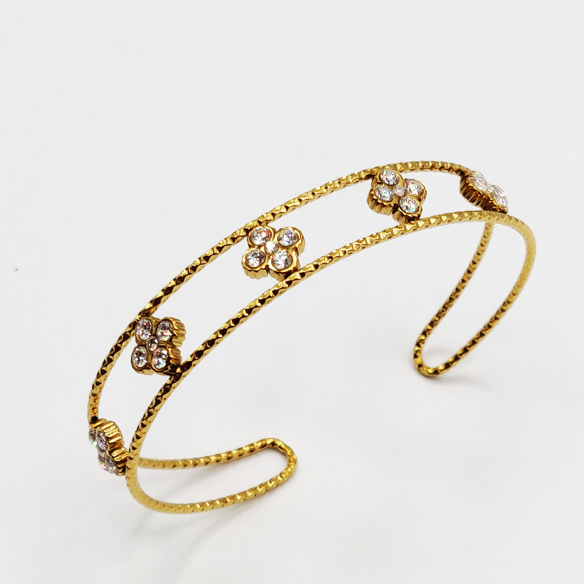 Bracelet Rigide Double Lignes Trèfles 4 Cristaux Luxe