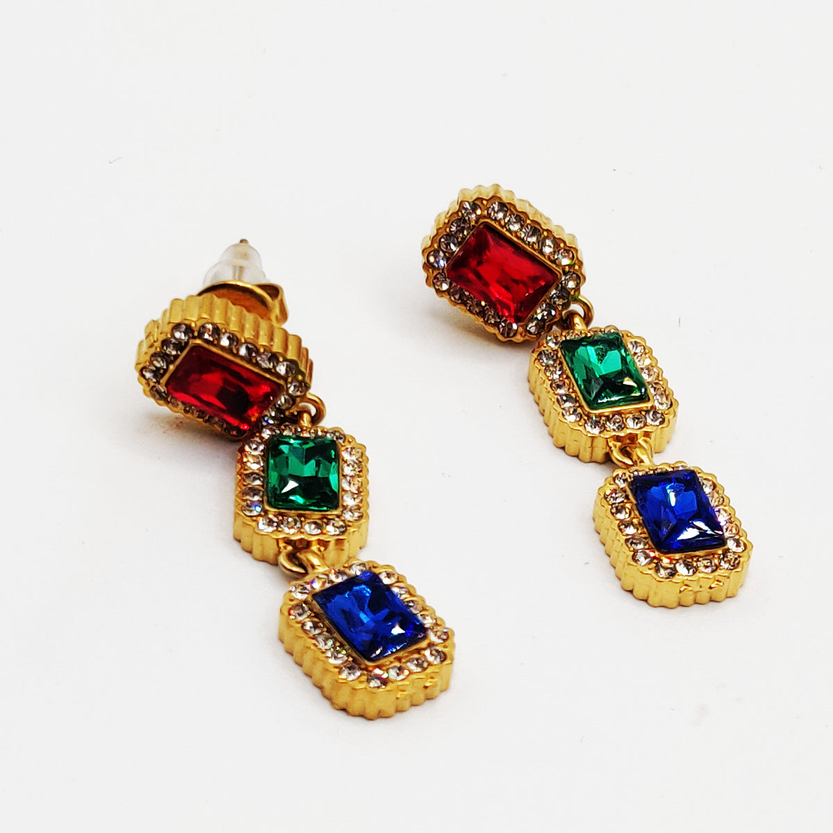 Boucles d'oreilles Multi Rectangles Cristaux Multicolores Luxe