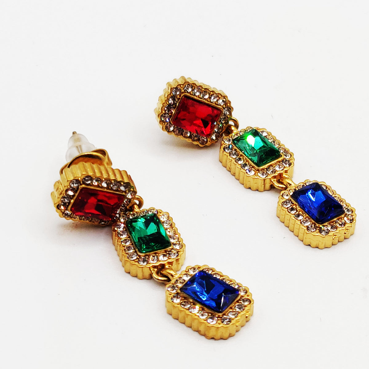 Boucles d'oreilles Multi Rectangles Cristaux Multicolores Luxe