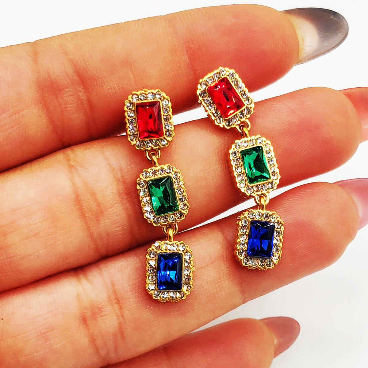 Boucles d'oreilles Multi Rectangles Cristaux Multicolores Luxe
