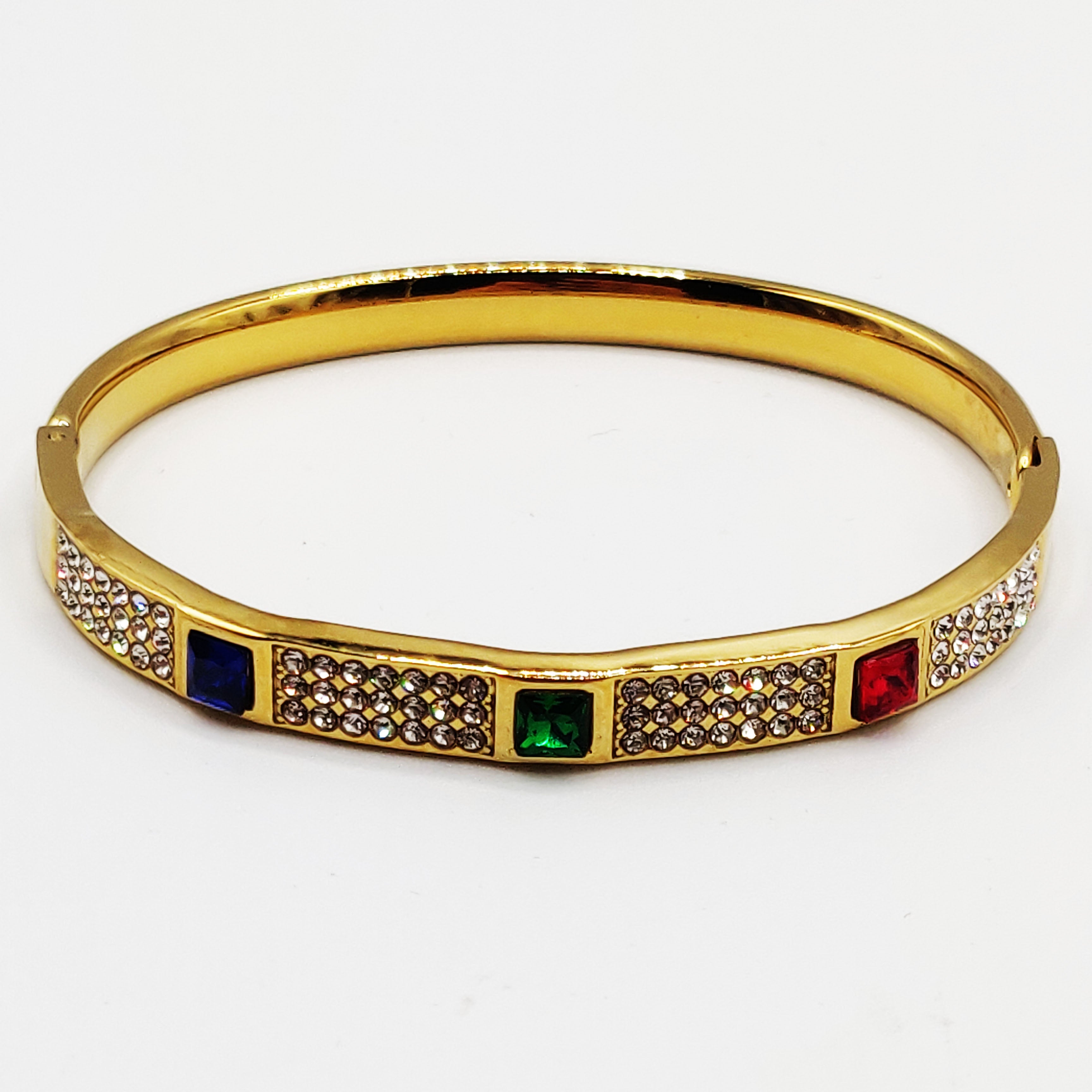 Bracelet Rigide Triple Carrés Cristaux Bleu, Vert et Rouge Luxe