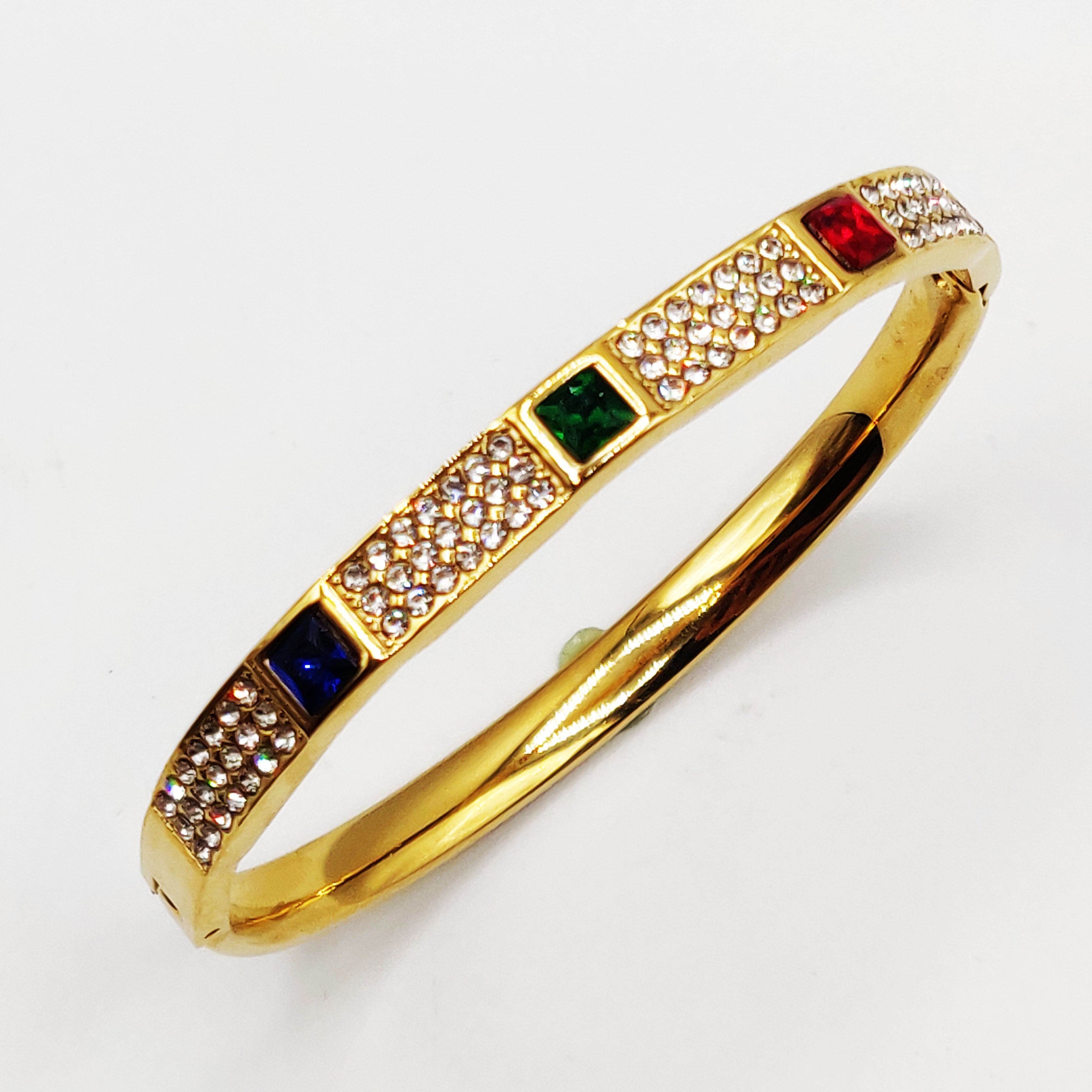 Bracelet Rigide Triple Carrés Cristaux Bleu, Vert et Rouge Luxe