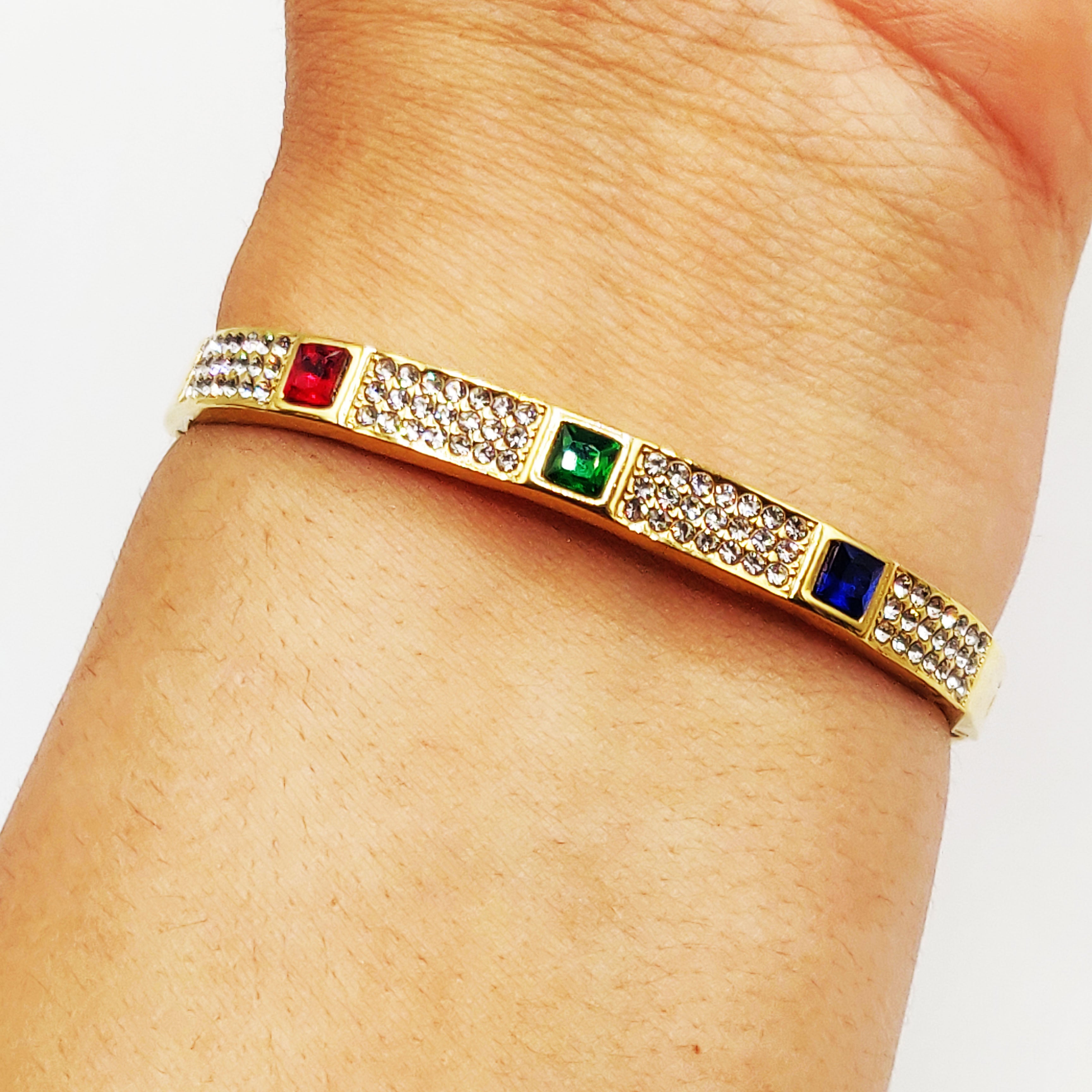 Bracelet Rigide Triple Carrés Cristaux Bleu, Vert et Rouge Luxe