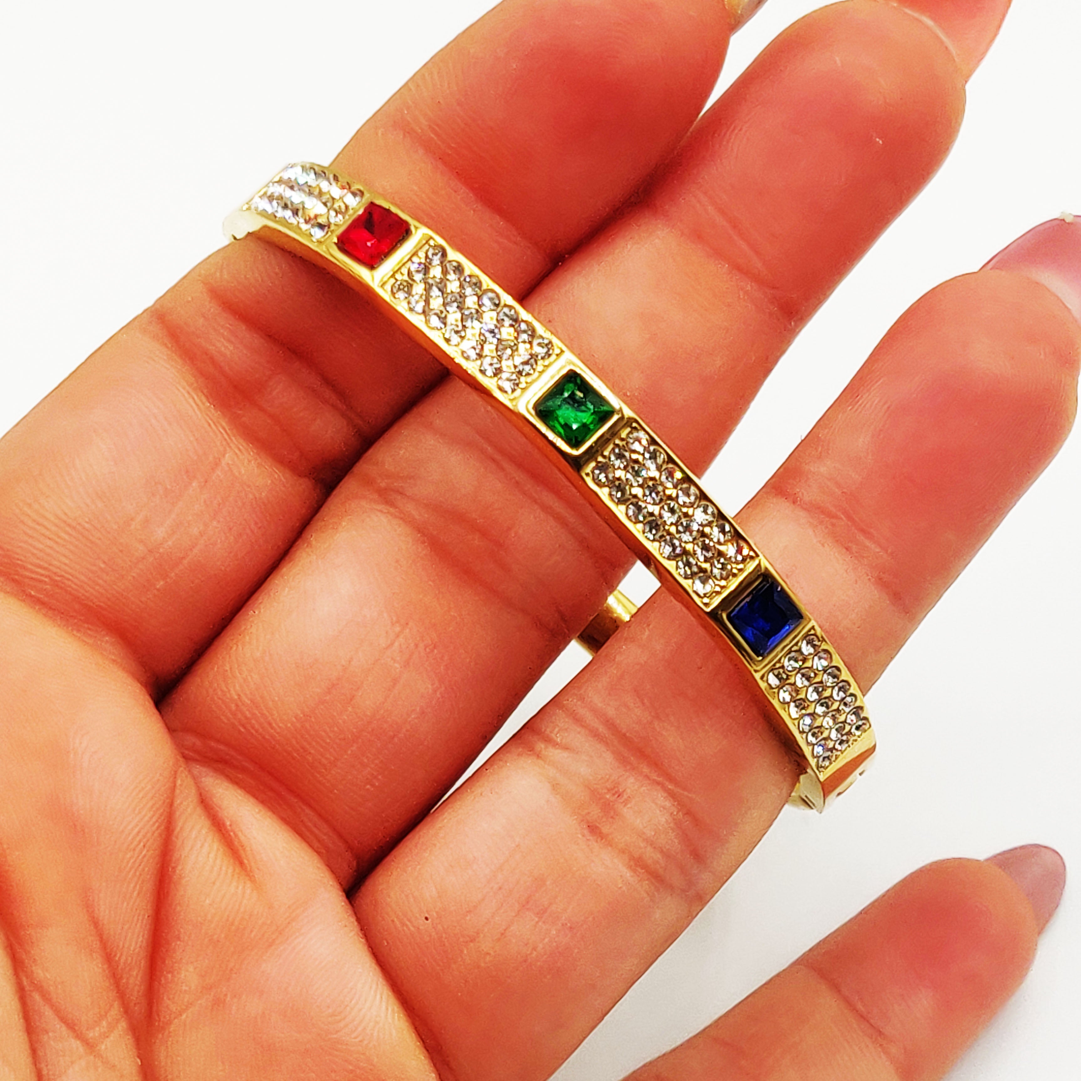 Bracelet Rigide Triple Carrés Cristaux Bleu, Vert et Rouge Luxe