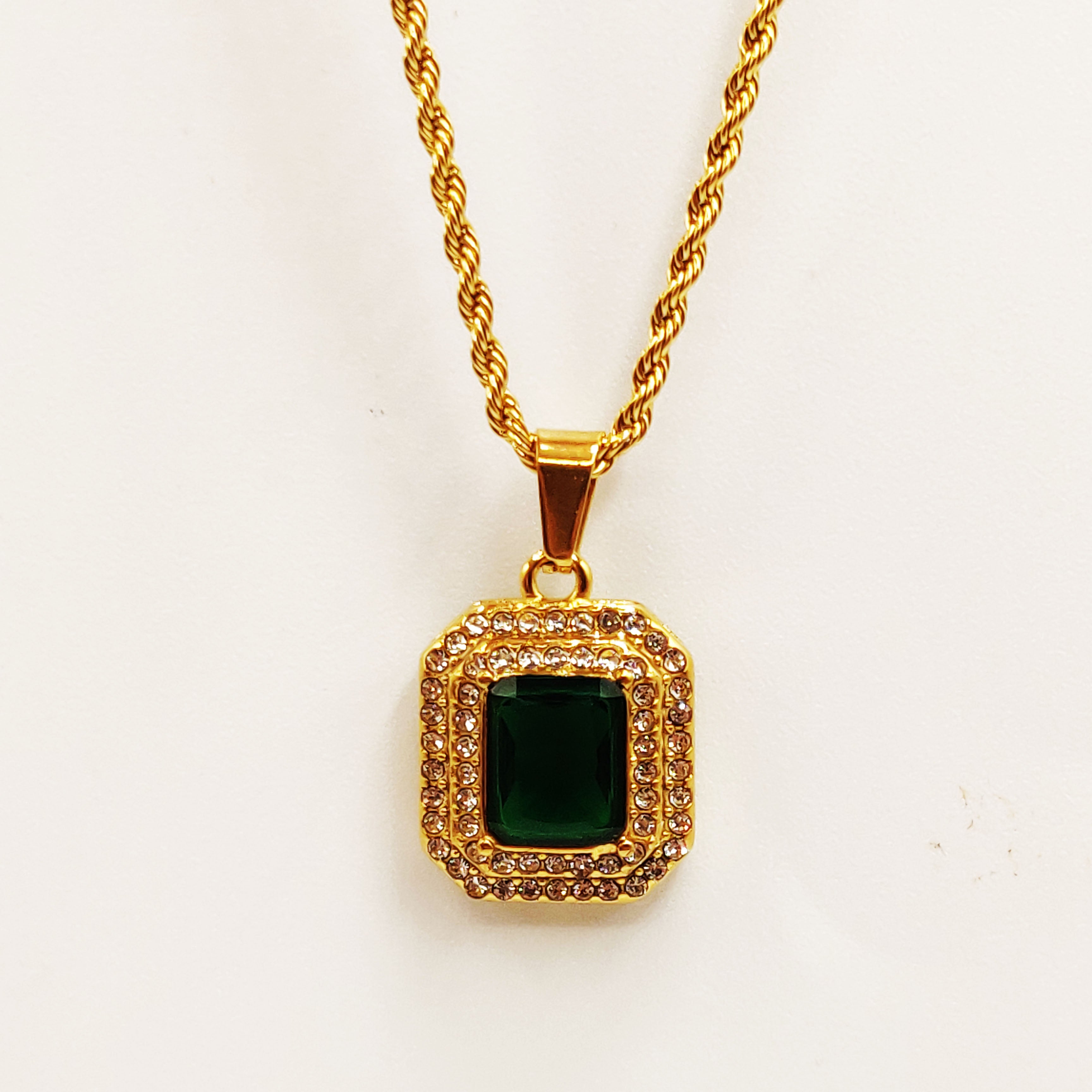Collier Torsade Triple Rectangles Vert et Cristaux Luxe