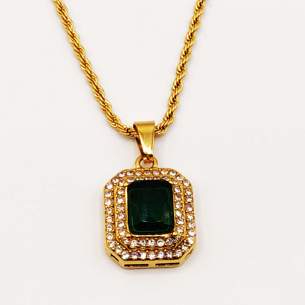 Collier Torsade Triple Rectangles Vert et Cristaux Luxe