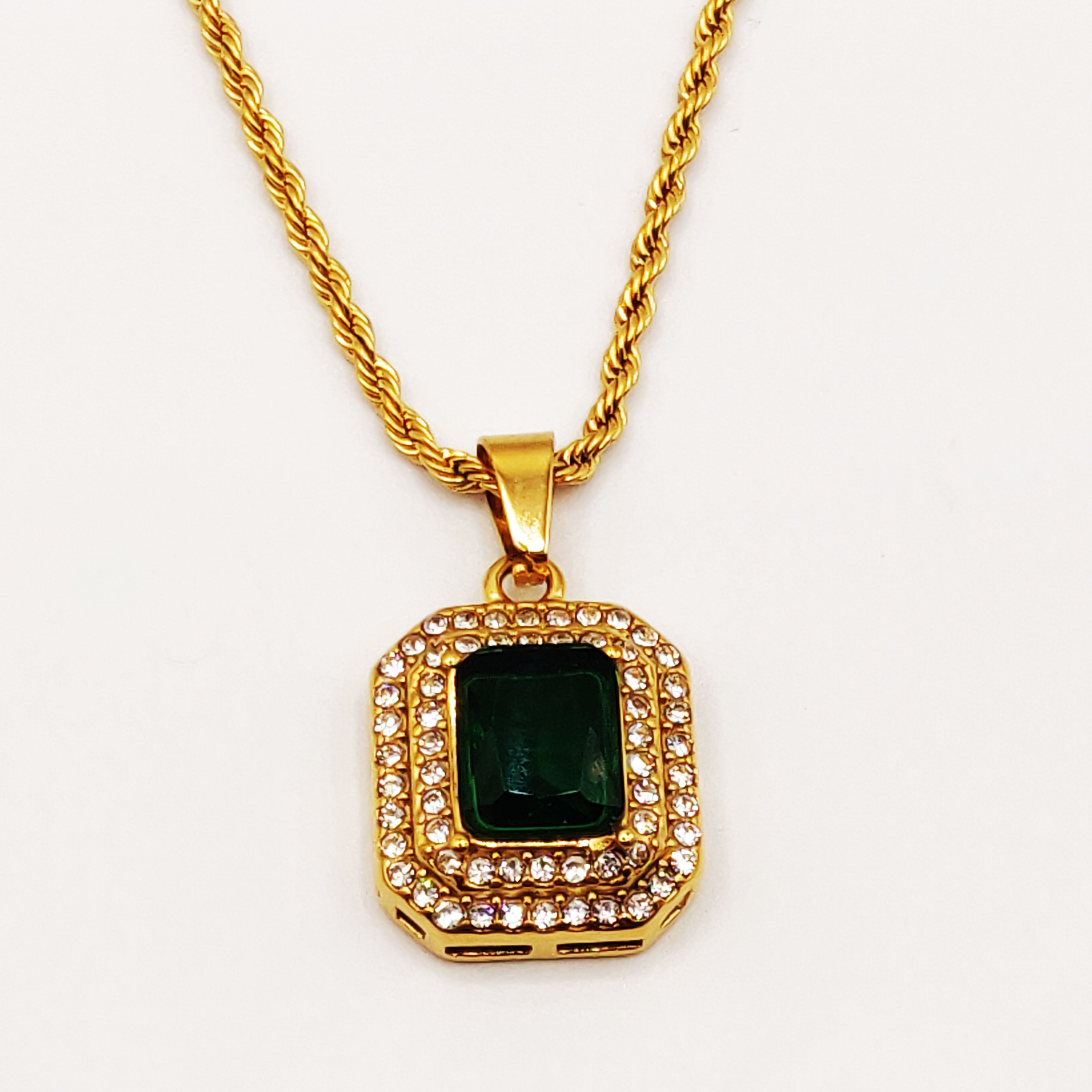 Collier Torsade Triple Rectangles Vert et Cristaux Luxe