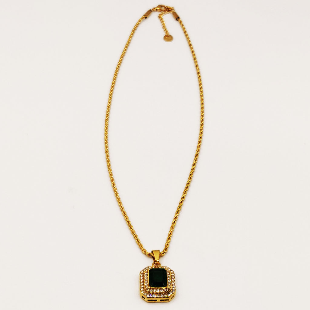 Collier Torsade Triple Rectangles Vert et Cristaux Luxe