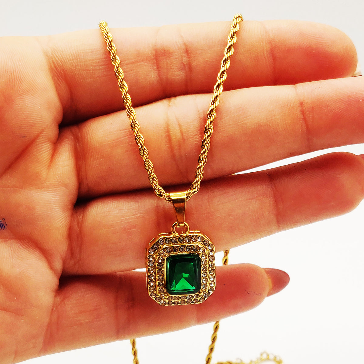 Collier Torsade Triple Rectangles Vert et Cristaux Luxe