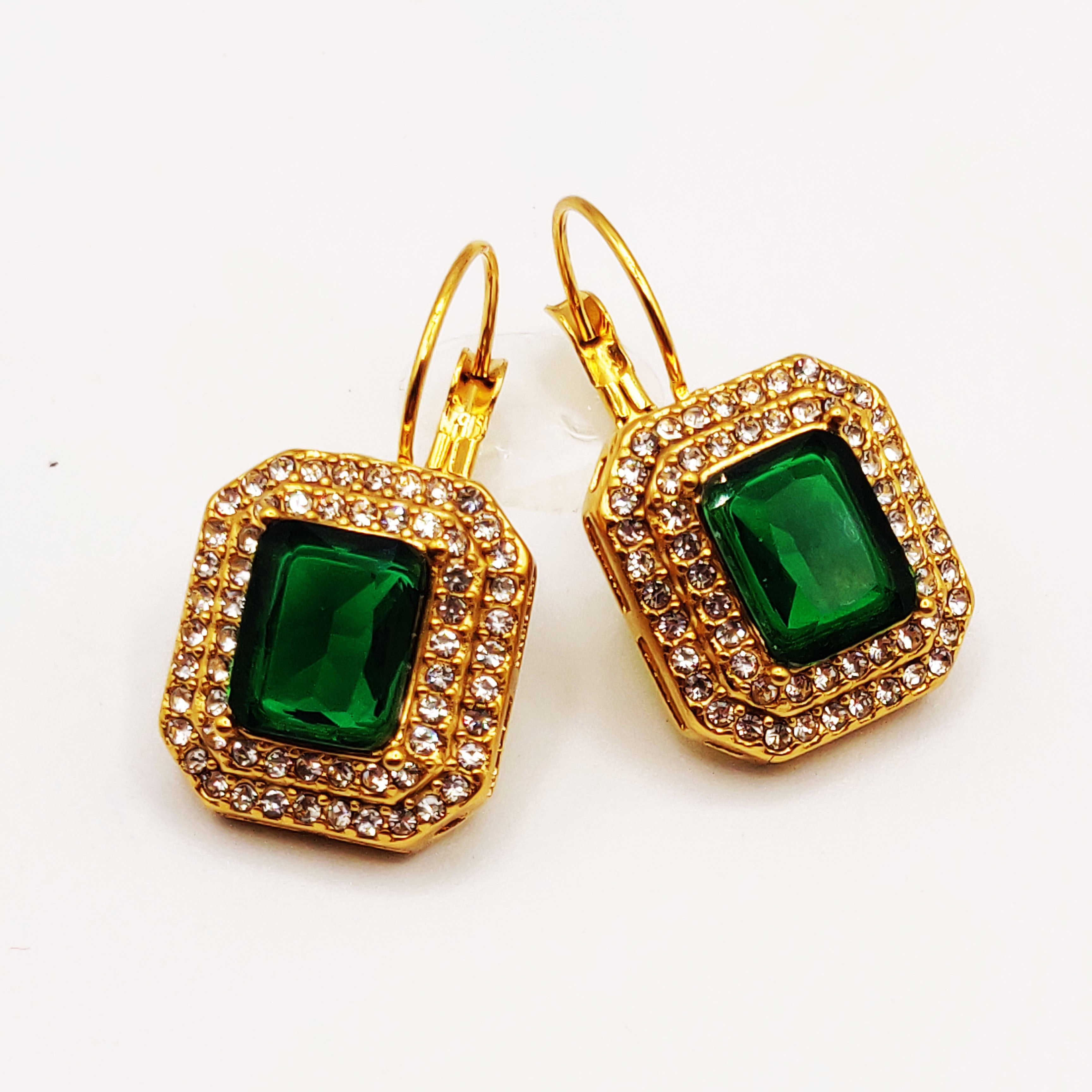Boucles d'oreilles Triple Rectangles Vert et Cristaux Luxe