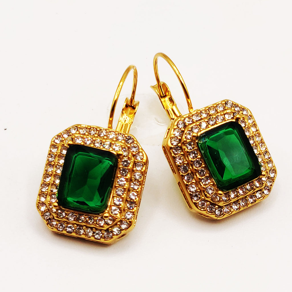 Boucles d'oreilles Triple Rectangles Vert et Cristaux Luxe