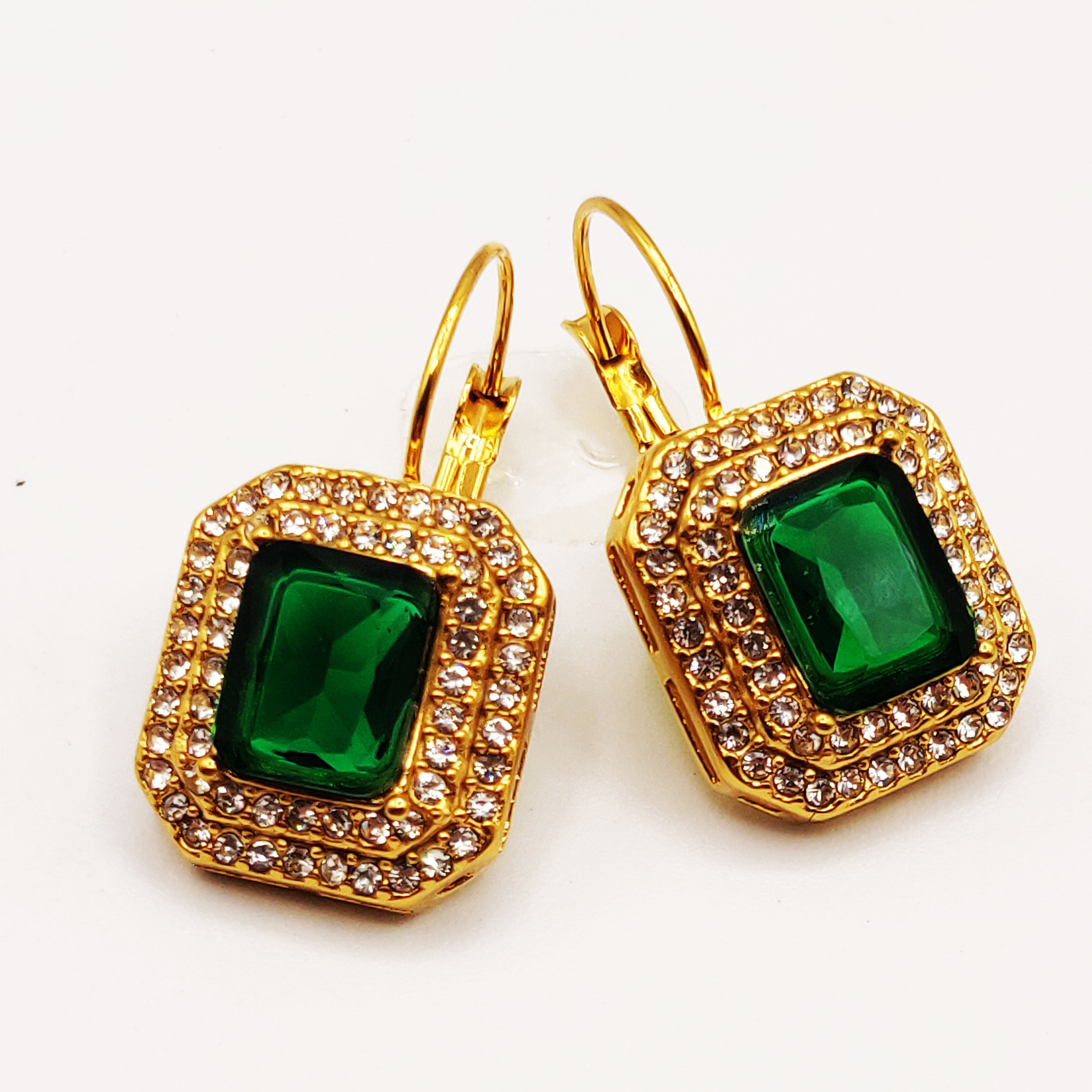 Boucles d'oreilles Triple Rectangles Vert et Cristaux Luxe