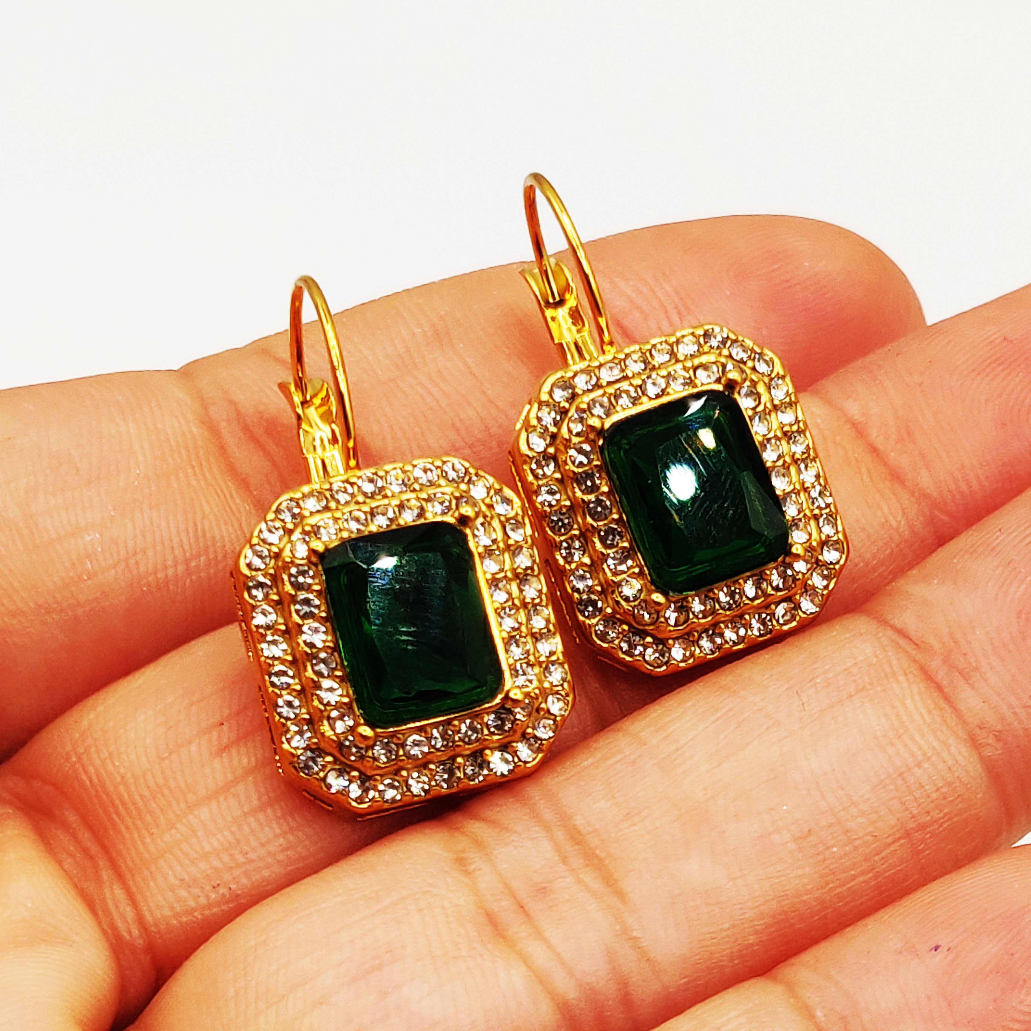 Boucles d'oreilles Triple Rectangles Vert et Cristaux Luxe