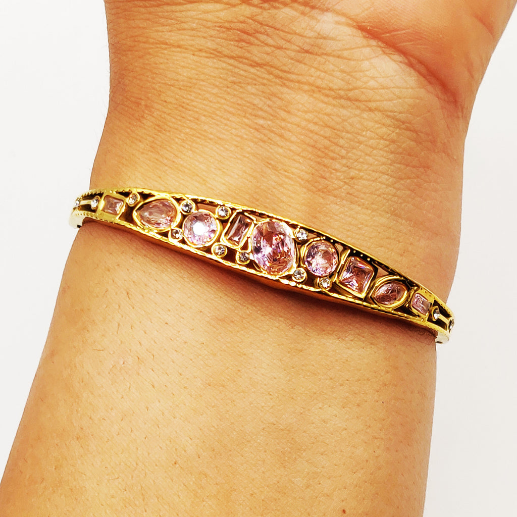 Bracelet Rigide Cristaux Multi Formes Roses Luxe