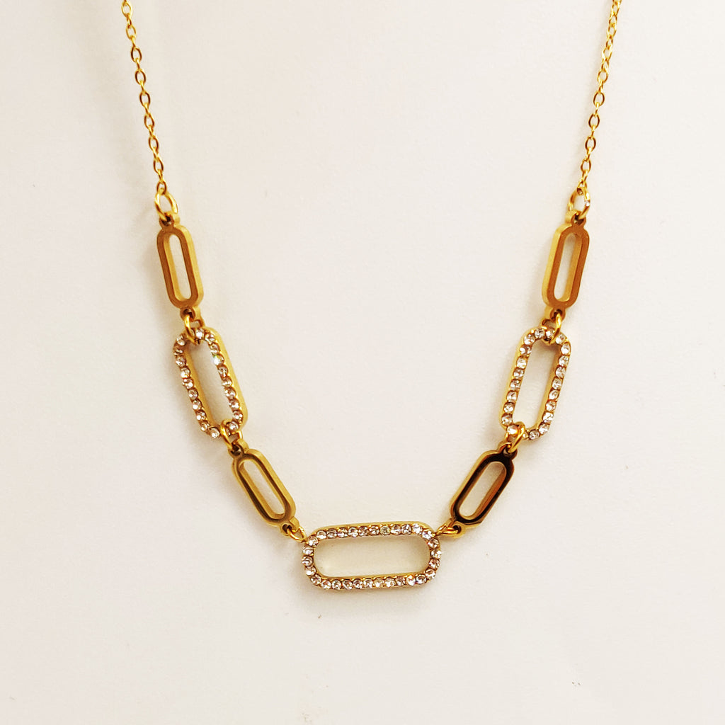 Collier Chaîne Maillons Ovales Dorés et Cristaux Luxe