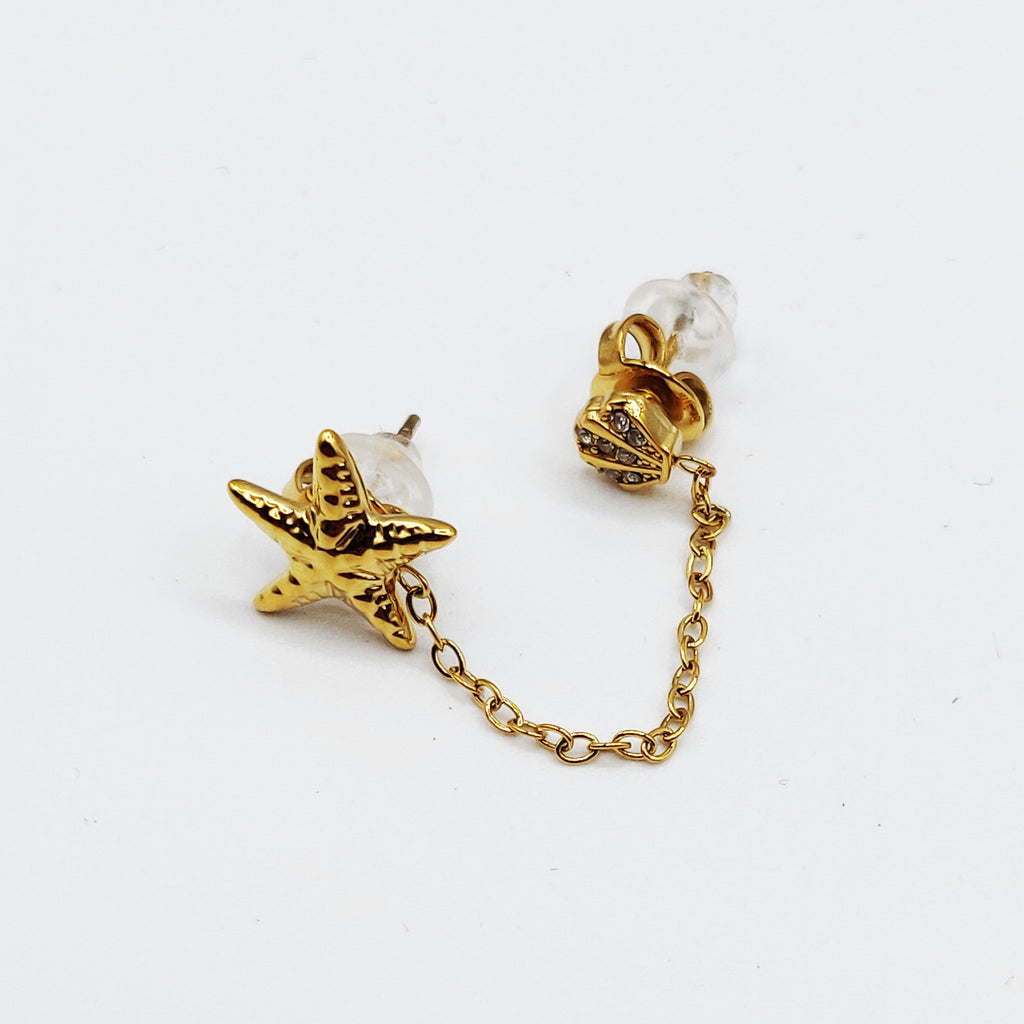 Boucle d'oreille 2 Trous Étoile et Coquillage Cristaux Luxe