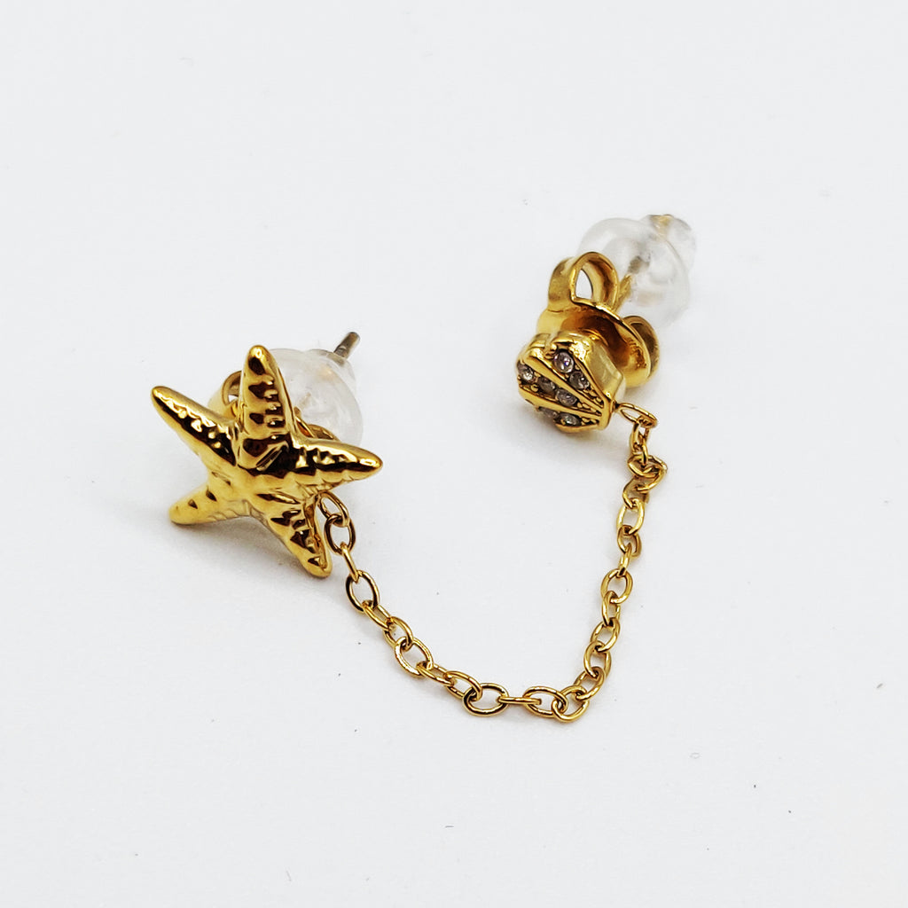 Boucle d'oreille 2 Trous Étoile et Coquillage Cristaux Luxe