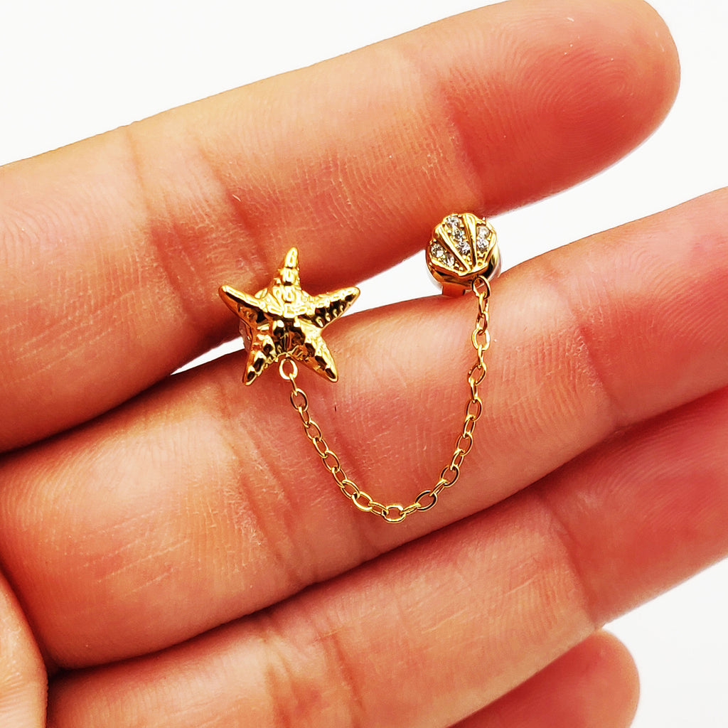 Boucle d'oreille 2 Trous Étoile et Coquillage Cristaux Luxe