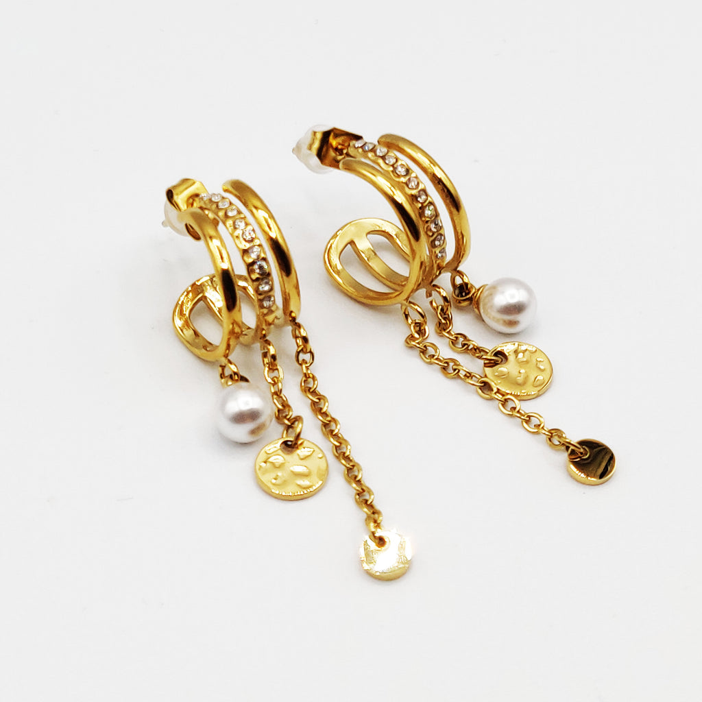 Boucles d'oreilles Créoles Triple Pendentifs Perles d'imitation et Ronds Dorés Luxe