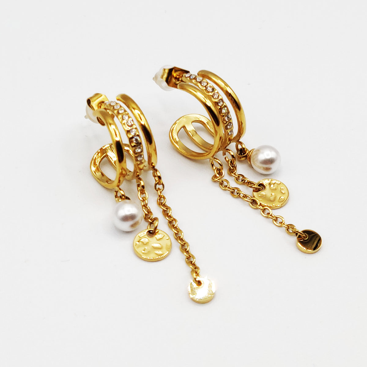 Boucles d'oreilles Créoles Triple Pendentifs Perles d'imitation et Ronds Dorés Luxe