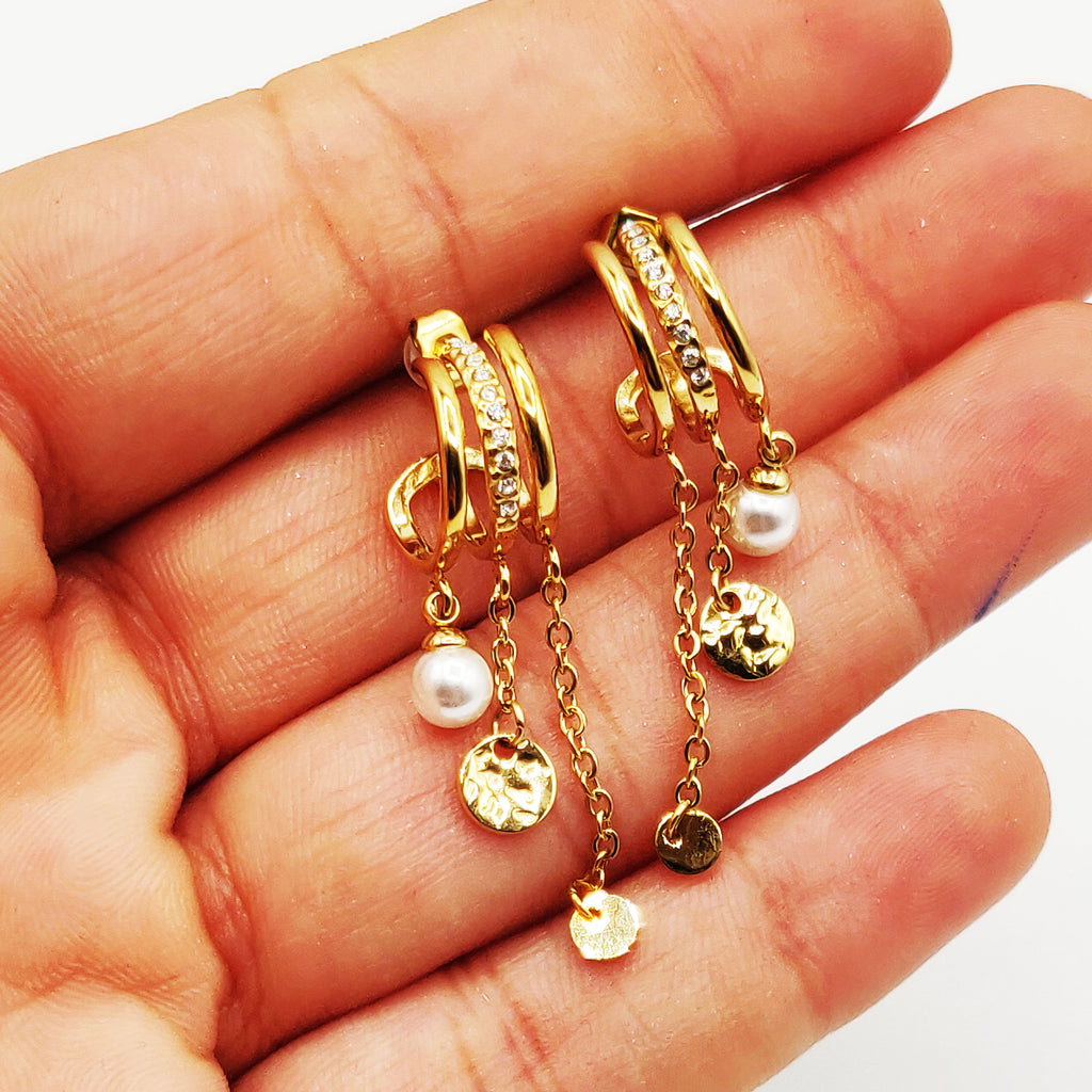 Boucles d'oreilles Créoles Triple Pendentifs Perles d'imitation et Ronds Dorés Luxe