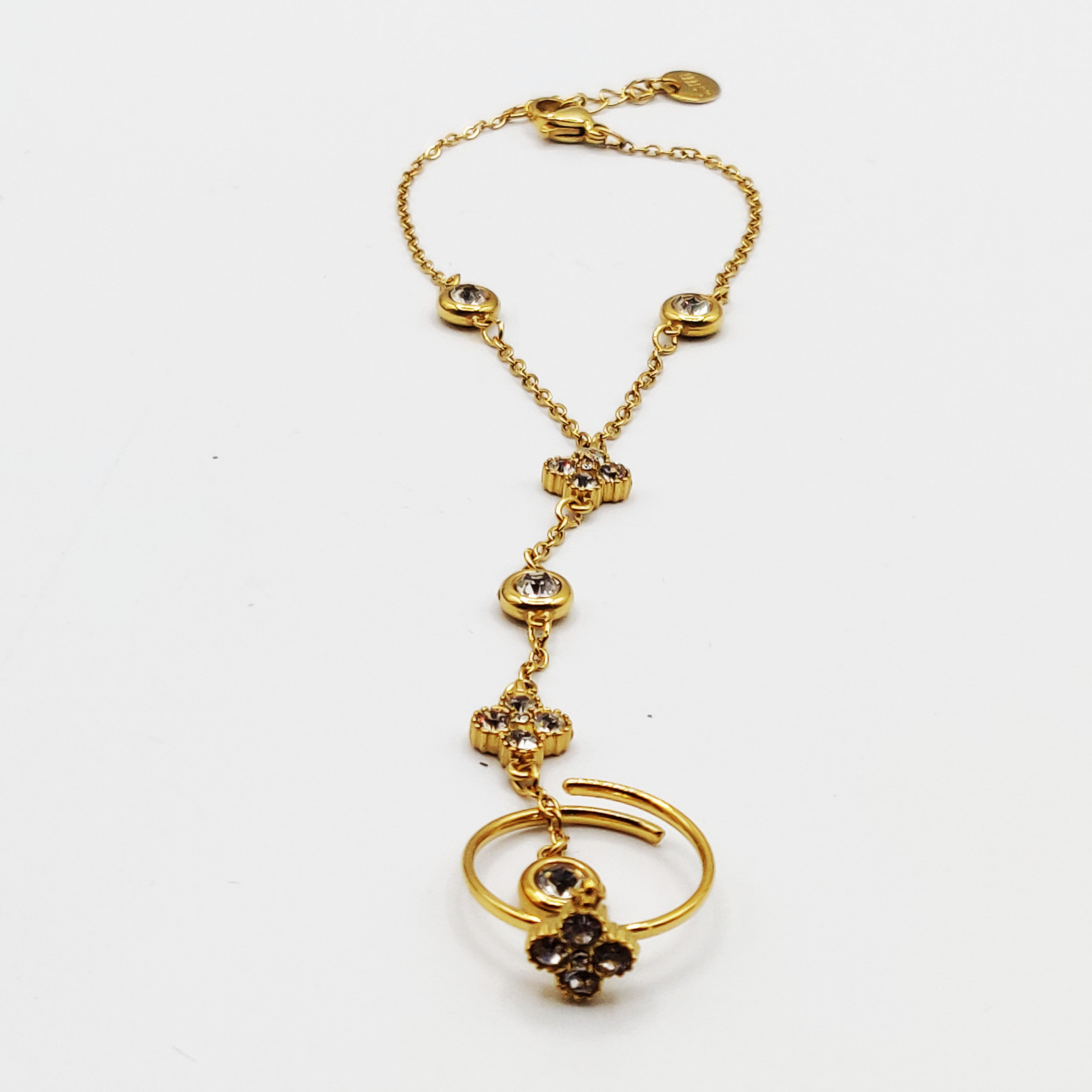Bracelet / Chaîne de Main Trèfles 5 Cristaux et Ronds Cristaux Luxe
