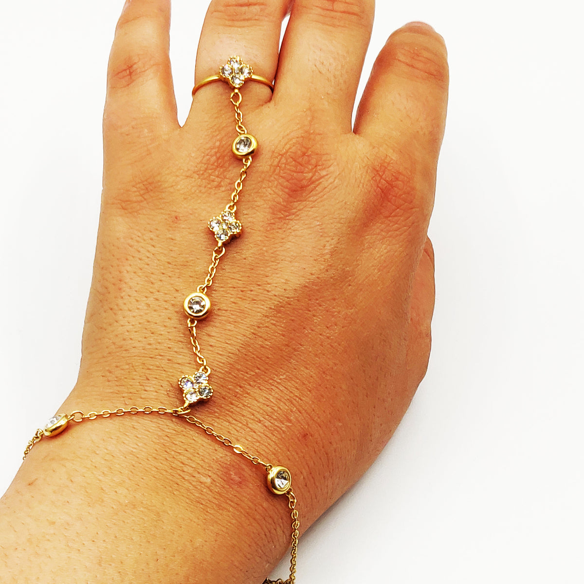 Bracelet / Chaîne de Main Trèfles 5 Cristaux et Ronds Cristaux Luxe