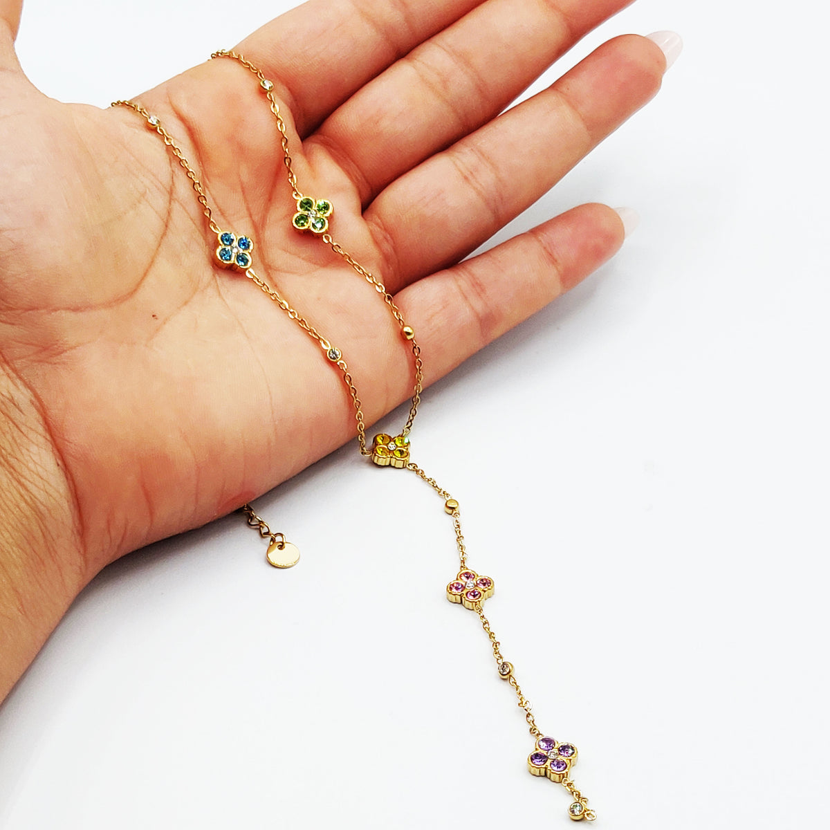 Collier Trèfles 5 Cristaux Multicolores Luxe Descendant