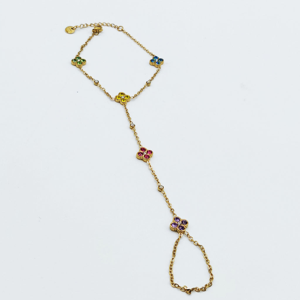 Bracelet / Chaîne de Main Trèfles 5 Cristaux Multicolores Luxe