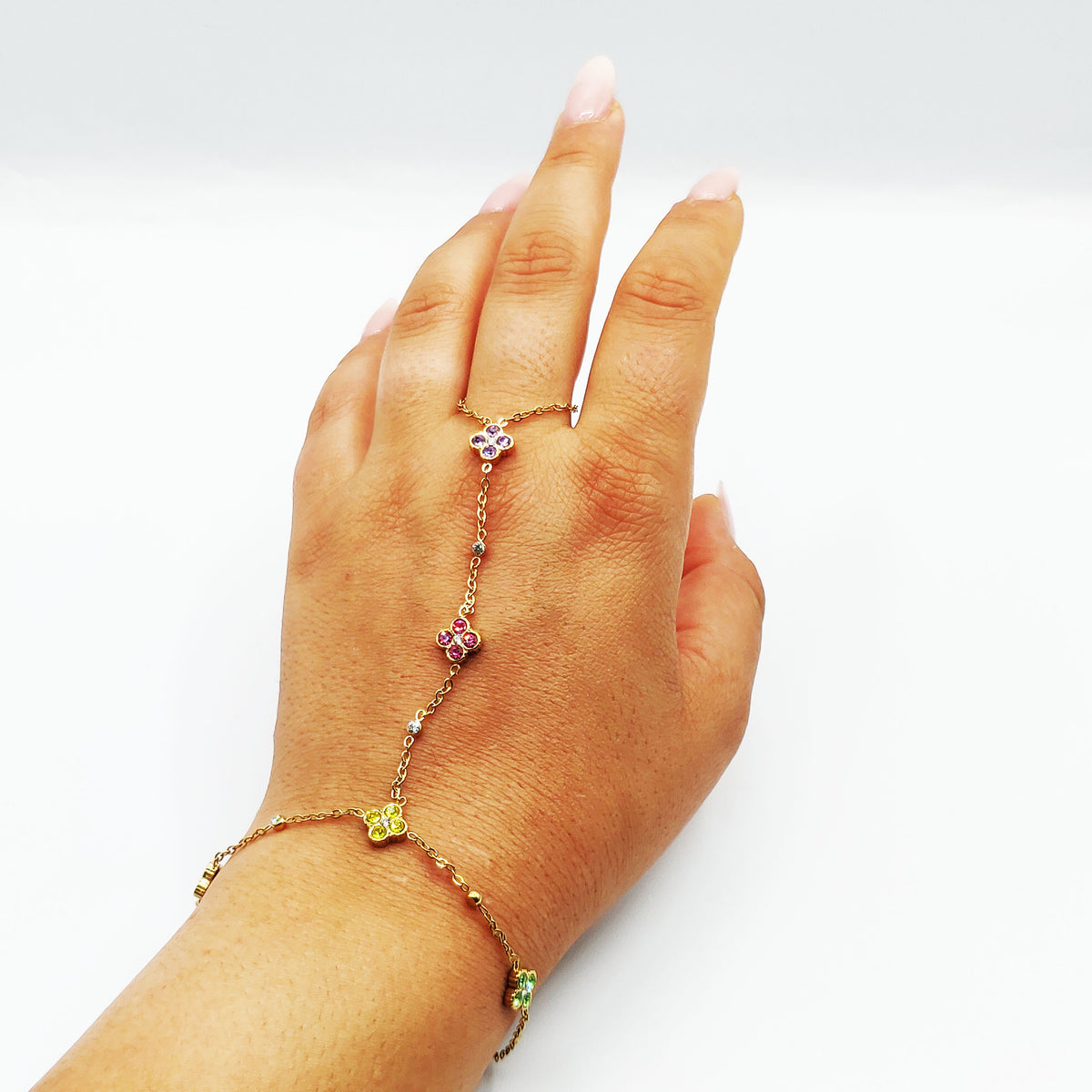 Bracelet / Chaîne de Main Trèfles 5 Cristaux Multicolores Luxe