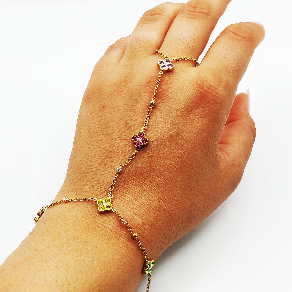 Bracelet / Chaîne de Main Trèfles 5 Cristaux Multicolores Luxe