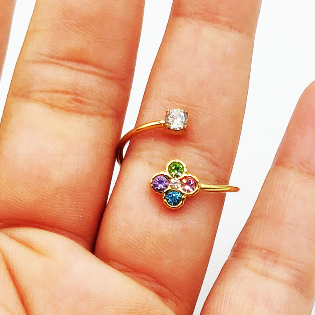 Bague Trèfles 5 Cristaux Multicolores Luxe