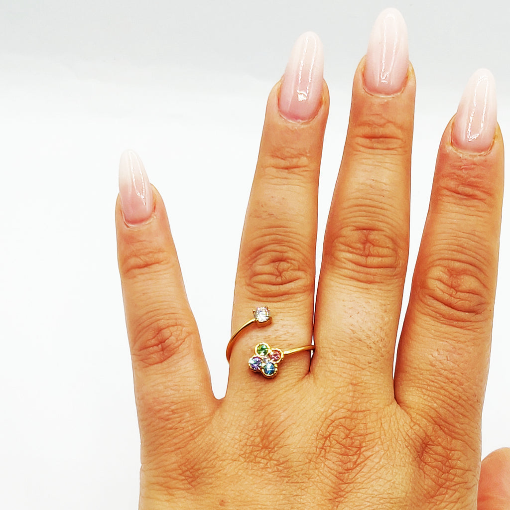 Bague Trèfles 5 Cristaux Multicolores Luxe