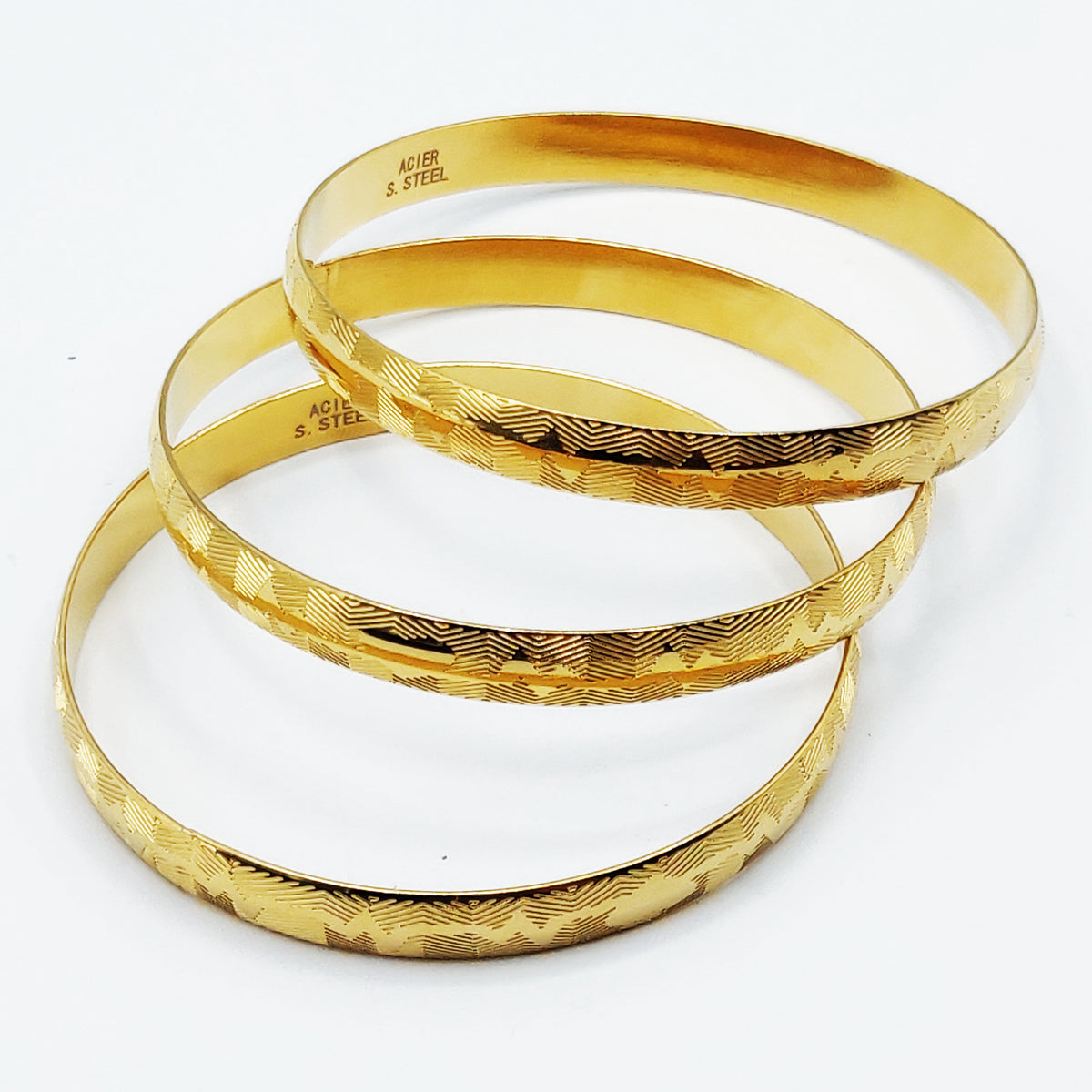 Trio de Bracelets Rigides Ondes Gravées Luxe