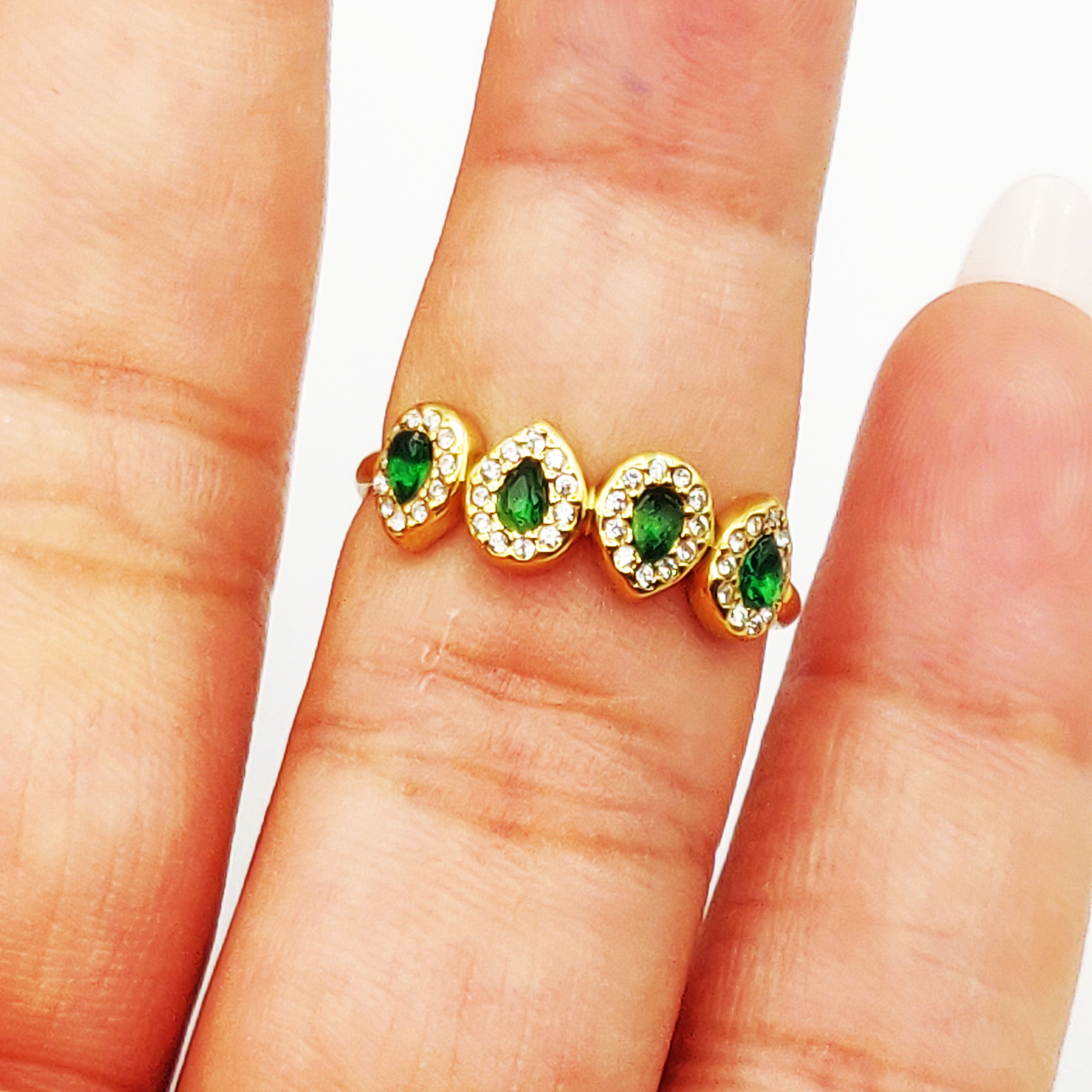 Bague Grande Goutte Cristal Vert Tour Cristaux Luxe