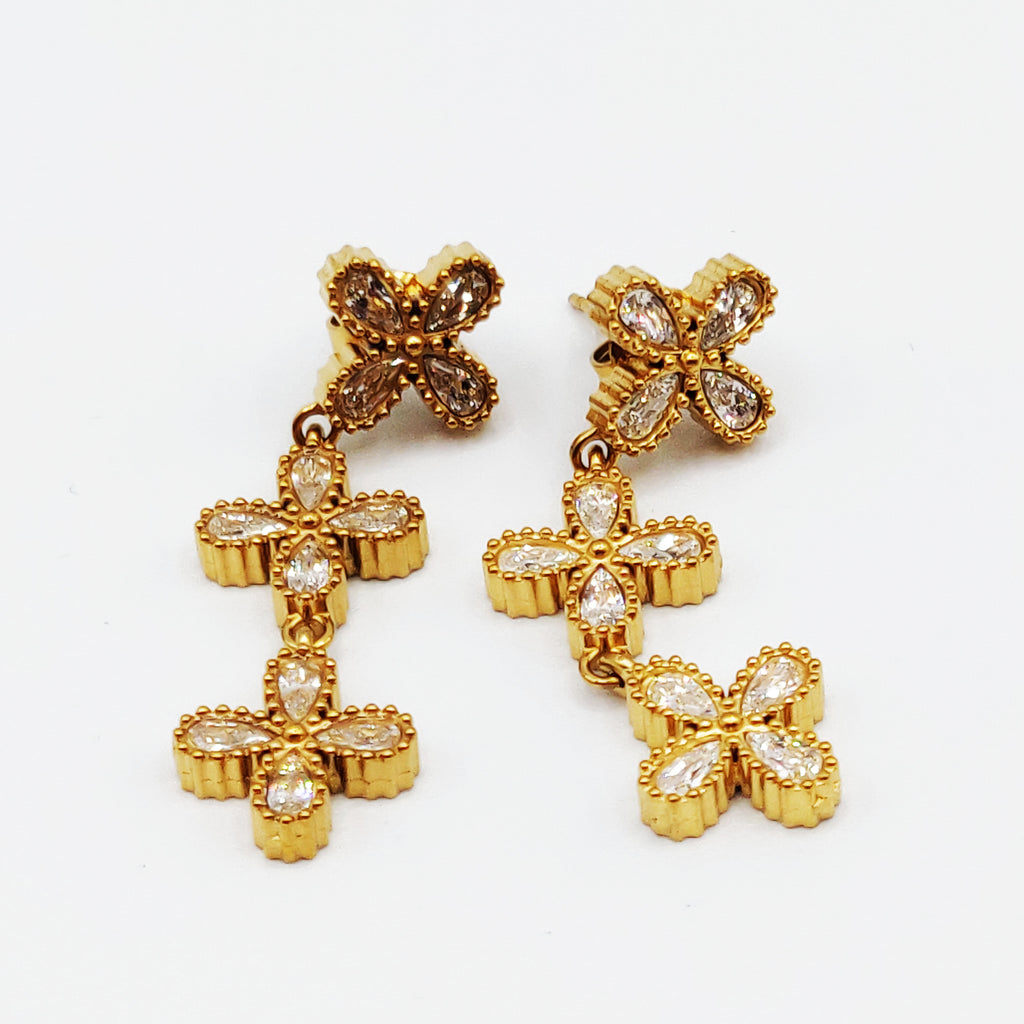 Boucles d'oreilles Multi Fleurs 4 Gouttes Cristaux Luxe