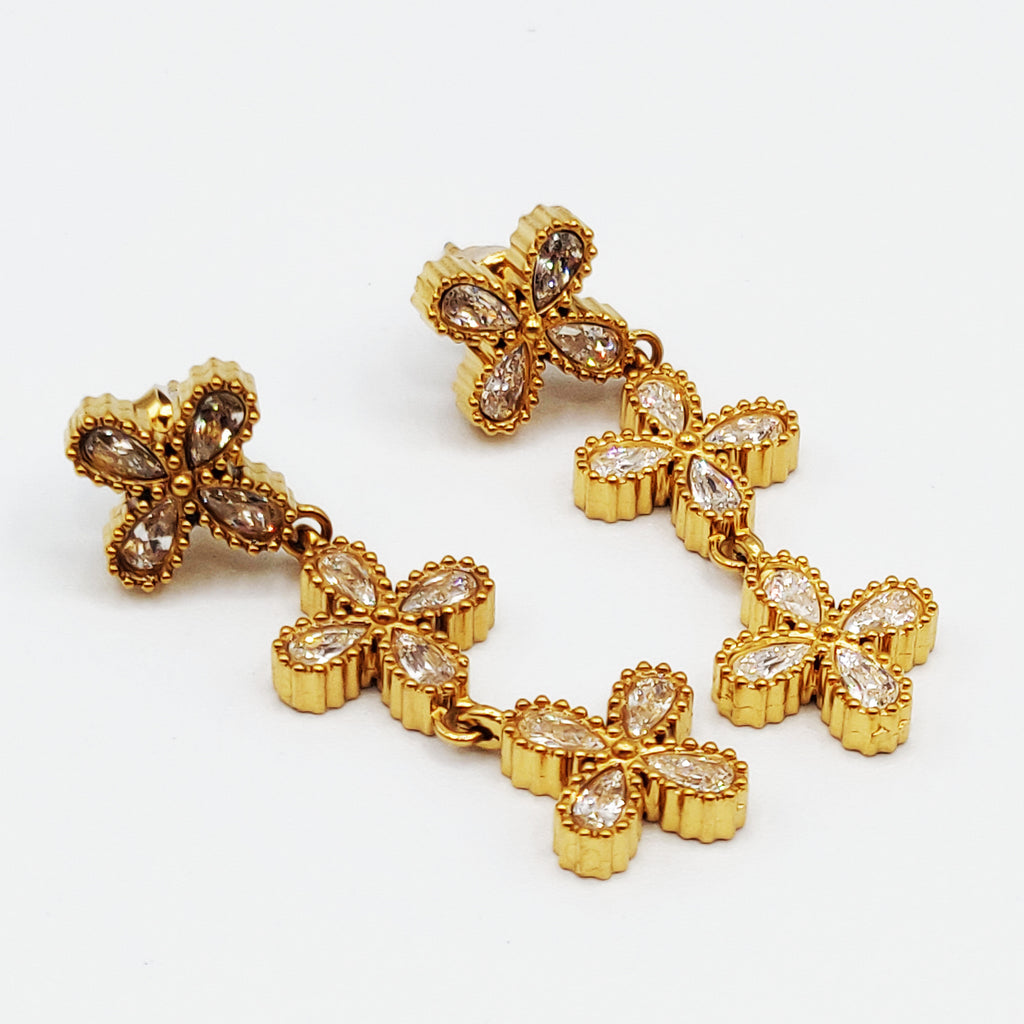Boucles d'oreilles Multi Fleurs 4 Gouttes Cristaux Luxe