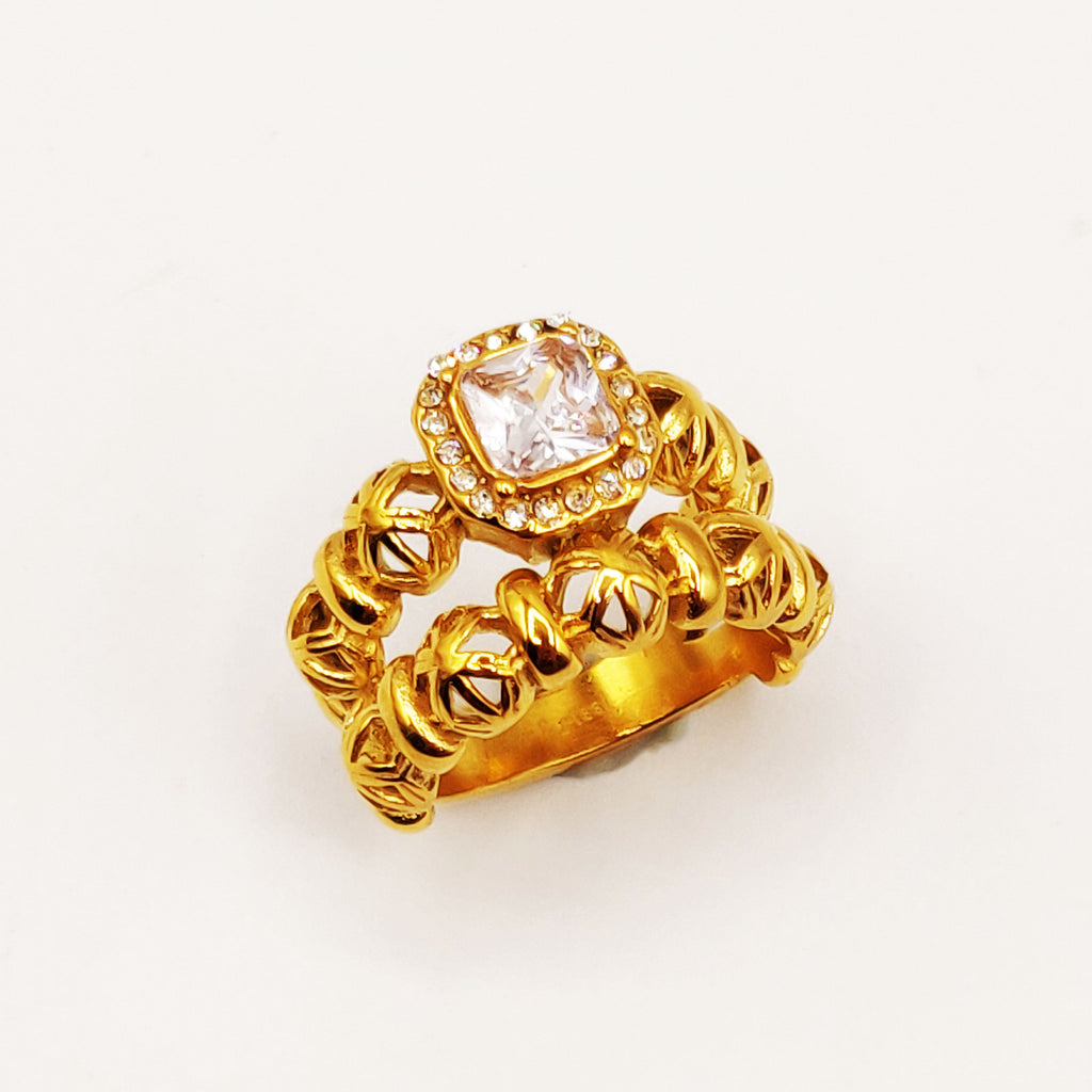 Bague Double Lignes Multi Boules Orientales et Cristal Carré Luxe